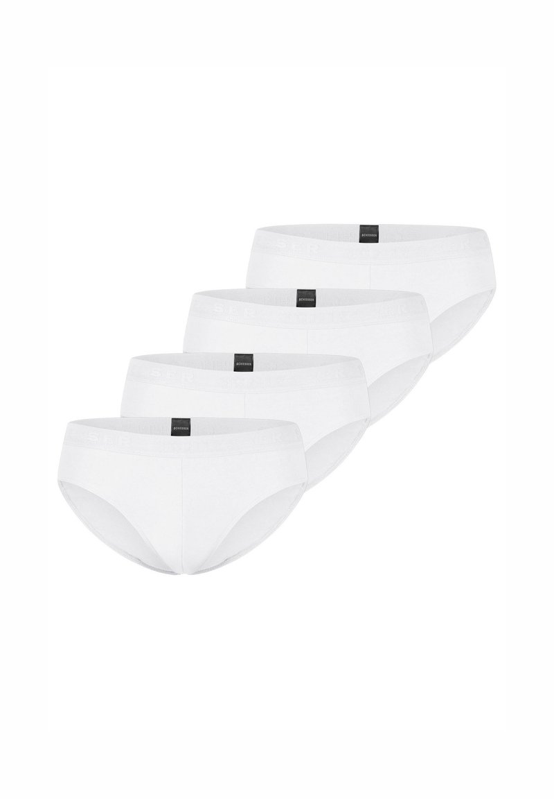 Ensemble de slip en coton blanc, présentant une texture lisse, une taille élastique avec étiquette de marque et une coupe classique. Quatre pièces incluses.