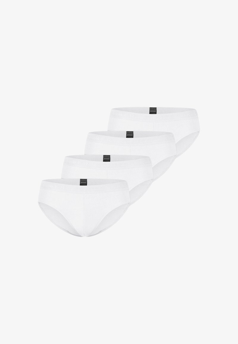 Ensemble de slip en coton blanc, présentant une texture lisse, une taille élastique avec étiquette de marque et une coupe classique. Quatre pièces incluses.