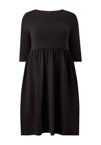 Zwarte jurk van zachte stof, voorzien van driekwart mouwen, een ronde hals en een geplooide taille voor een losse pasvorm.