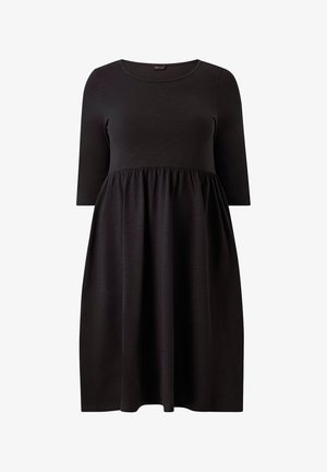 Black dress in soft fabric, featuring three-quarter sleeves, a crew neckline, and a gathered waistline for a loose fit.