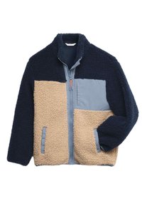 Giacca in pile con parte superiore blu navy, pannelli inferiori beige e dettagli azzurri. Include una zip frontale e tasche laterali. Texture morbida.