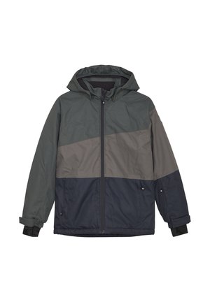 Giacca con cappuccio nei colori verde scuro, grigio e blu navy; presenta una cerniera frontale, polsini elasticizzati e un tessuto leggermente testurizzato.