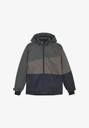 Hooded jacket in dark green, gray, and navy colors; features a front zipper, elastic cuffs, and a slightly textured fabric.