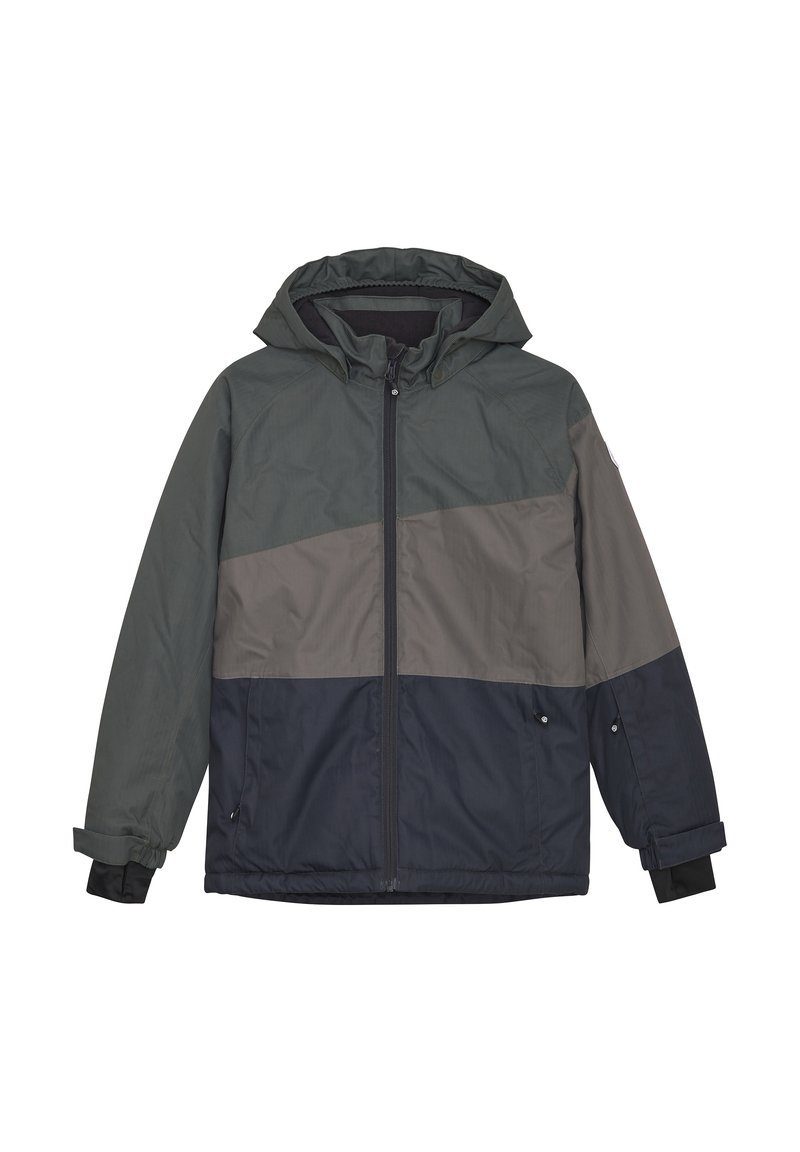 Veste à capuche de couleur vert foncé, gris et marine ; elle dispose d'une fermeture éclair à l'avant, de poignets élastiques et d'un tissu légèrement texturé.