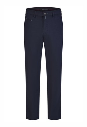 Navyblaue Herren maßgeschneiderte Hose mit Gürtelschlaufen, Knopfverschluss, Reißverschluss und Vordertaschen.