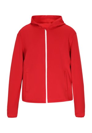 Rote Kapuzenjacke mit durchgehendem Reißverschluss, langen Ärmeln und zwei vorderen Taschen, vor weißem Hintergrund dargestellt.