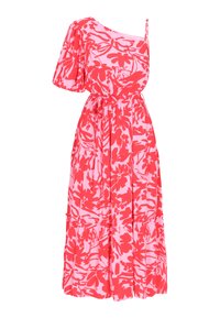 Rochie maxi cu un singur umăr, dintr-un material roz cu modele florale roșii îndrăznețe, cu manșete scurte tip puff și o talie ajustabilă cu șnur.