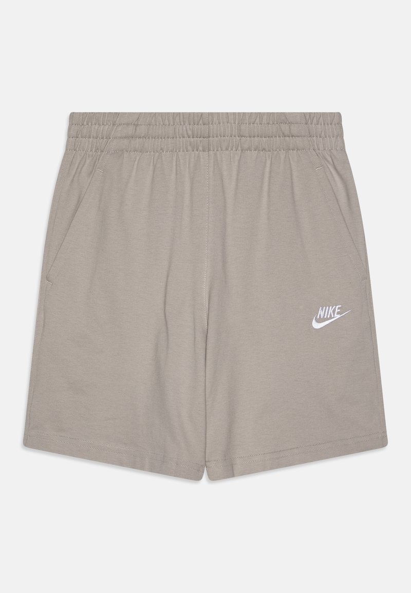 Šedé bavlněné šortky s elastickým páskem, dvěma bočními kapsami a malým bílým logem Nike na levé dolní části předního dílu. Hladká textura.