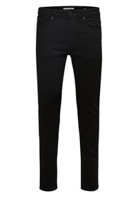 Svarta denimjeans med slim fit, fem fickor, bälteshällor och en knappstängning i midjan. Slät yta utan synliga mönster.