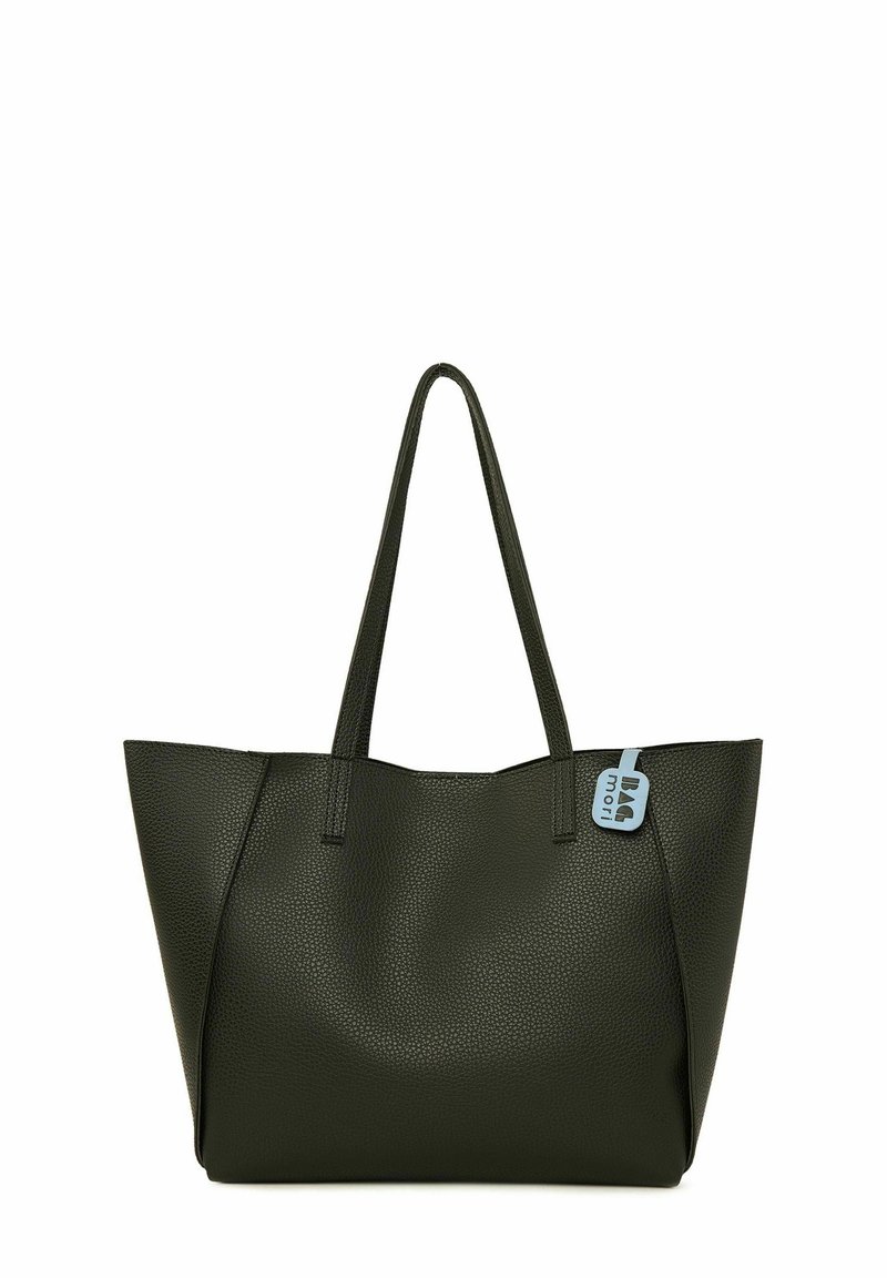 Green textured leather tote bag with long handles and a blue tag. Features a spacious, open design and angular shape.