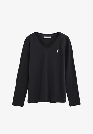 Chemise noire à manches longues avec col en V et petit logo blanc de joueur de polo sur le côté gauche de la poitrine, design sobre, style décontracté.