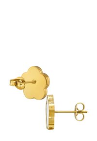 Orecchini in metallo dorato a forma di fiore, con superficie liscia e retro con perno sicuro e chiusura circolare.
