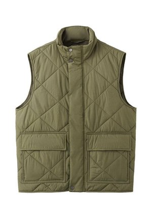 Chaleco sin mangas acolchado verde oliva con cuello alto, botones de presión, cremallera frontal y dos grandes bolsillos con solapa.