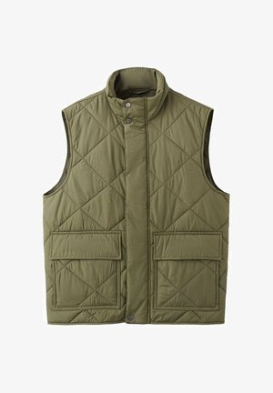 Pikowana oliwkowozielona kamizelka bez rękawów z wysokim kołnierzem, zatrzaskami, przednim zamkiem błyskawicznym i dwoma dużymi kieszeniami z patkami.