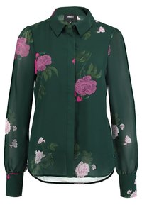 Blouse à manches longues vert foncé avec imprimé floral rose, poignets à boutons et col classique.