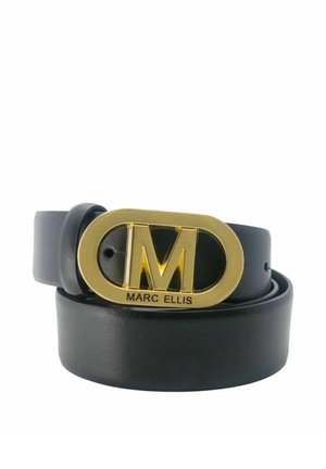 Cintura in pelle nera con grande fibbia ovale dorata con una "M" in rilievo e "MARC ELLIS" inciso sotto la lettera.