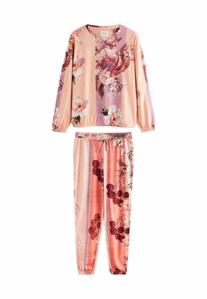Set de loungewear cu imprimeu floral, ce include o bluză cu mânecă lungă și elastică la mansete și pantaloni asortați cu talie cu șnur, în nuanțe de roz și lila.