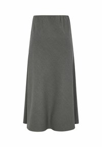 Jupe grise en A avec un motif texturé, taille élastique et un design fluide qui tombe jusqu'à mi-mollet.