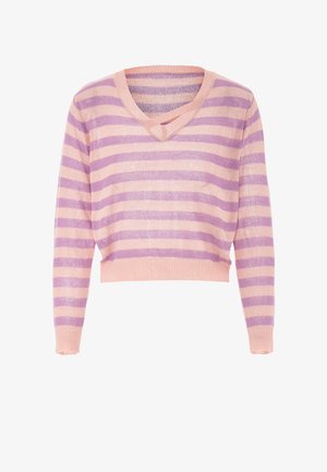 Pulover rayé roz și mov cu decolteu în V, realizat dintr-un material tricotat ușor. Lungime scurtă, cu manșete și tiv cu PEȘTE.
