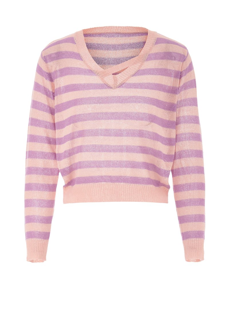 Maglione a righe rosa e viola con scollatura a V, realizzato in un materiale a maglia leggero. Lunghezza corta con polsini e orlo a coste.