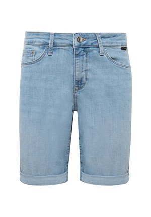 Light blue denim shorts with rolled hems, front button and zipper closure, belt loops, and front and back pockets.