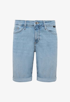 Light blue denim shorts with rolled hems, front button and zipper closure, belt loops, and front and back pockets.