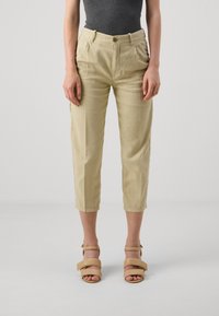 Pantalones cortos beige con pierna recta, bolsillos delanteros y cierre de botón. Hechos de una tela suave, con un ajuste relajado.