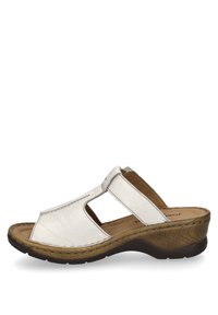 White leather slide sandal with two cut-out openings, textured brown wedge heel, and padded insole for comfort.