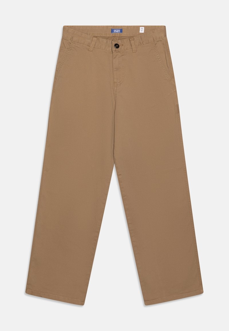 Pantalon beige coupe droite décontracté avec poches avant, passants pour ceinture, fermeture par bouton et une étiquette bleue Jack & Jones à l'intérieur de la ceinture.