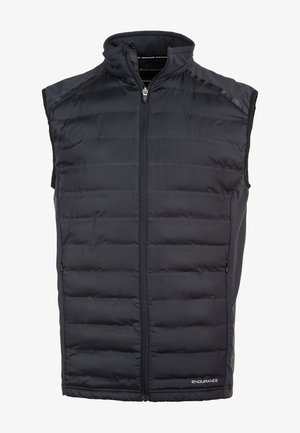 Zwarte mouwloze vest met een gequilt ontwerp, hoge kraag en ritssluiting aan de voorkant. Gemaakt van waterafstotend materiaal, met zijzakken en logo-detail.