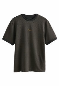 Black and brown checkered t-shirt with short sleeves and a round neckline. Features a small gold logo on the front. Smooth texture.
