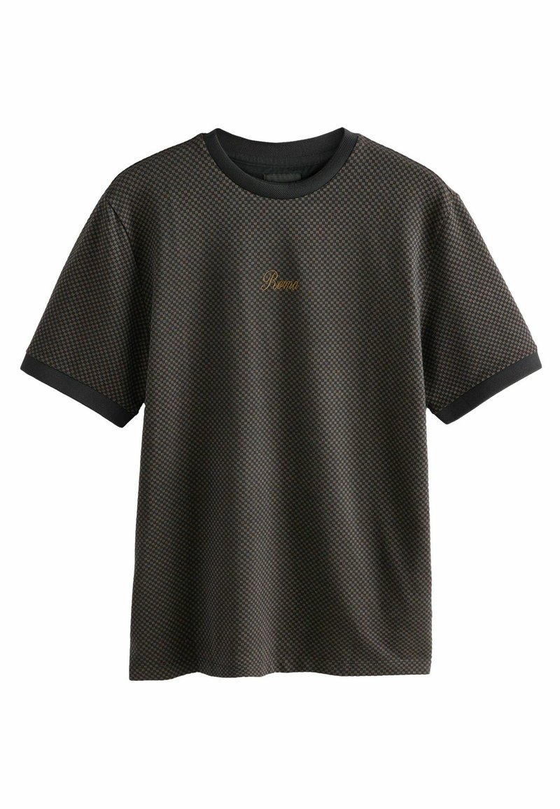 Black and brown checkered t-shirt with short sleeves and a round neckline. Features a small gold logo on the front. Smooth texture.