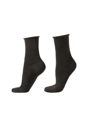 Paire de chaussettes gris foncé de longueur mollet, présentées de côté, avec une texture lisse et des bords élastiques.