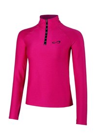 Roze sporttop met lange mouwen en halve ritssluiting, voorzien van zwarte "ENDLESS" tekst op de rits en een oneindigheidssymbool op de borst.