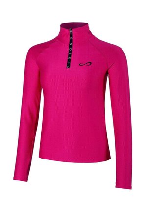 Langärmliges pinkes Sportoberteil mit Halbreißverschluss und schwarzem "ENDLESS"-Text auf dem Reißverschluss sowie Unendlichkeitssymbol auf der Brust.