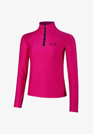 Langärmliges pinkes Sportoberteil mit Halbreißverschluss und schwarzem "ENDLESS"-Text auf dem Reißverschluss sowie Unendlichkeitssymbol auf der Brust.