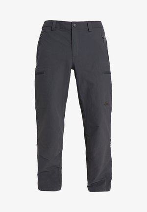 Pantalons d'extérieur gris foncé en tissu durable, dotés d'une poche zippée et d'une taille standard avec fermeture par bouton.