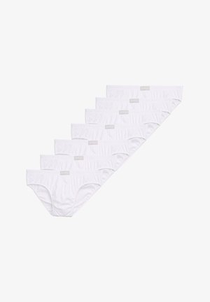 Zestaw białych bawełnianych majtek w stylu bokserków z elastycznym pasem i detalem z etykietą. Siedem par ułożonych w przesuniętym układzie, prezentujących pełny design.