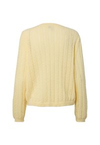 Pull en maille jaune clair à manches longues avec un subtil motif de dentelle verticale, vu de dos sur fond blanc.