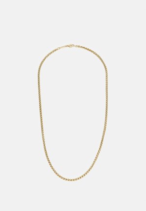 Jemný zlatý řetízek s karabinkovým zapínáním na bílém pozadí.