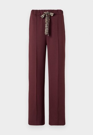 Pantalons bordeaux à coupe décontractée, dotés d'une taille élastique et d'un cordon de serrage à imprimé léopard. Tissu lisse avec des coutures latérales.