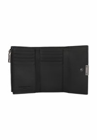 Portefeuille en cuir noir avec plusieurs emplacements pour cartes et un compartiment zippé. Dispose d'une fermeture à bouton-pression et d'un logo en relief. Texture lisse.