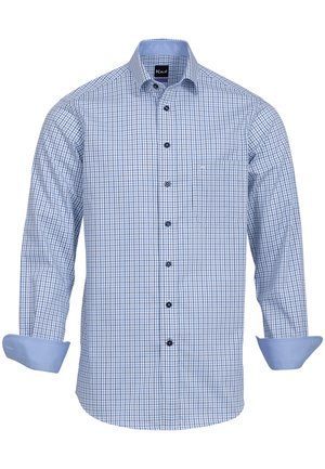 Camicia a quadri blu e bianchi, con bottoni, in cotone, maniche lunghe con polsini a contrasto di azzurro chiaro, taschino singolo sul petto.