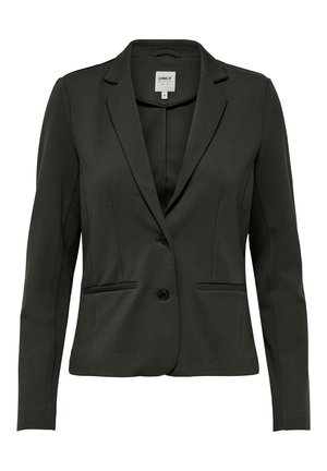 Blazer vert foncé cintré avec deux boutons, revers crantés, manches longues et deux poches passepoil devant, taille indiquée medium.