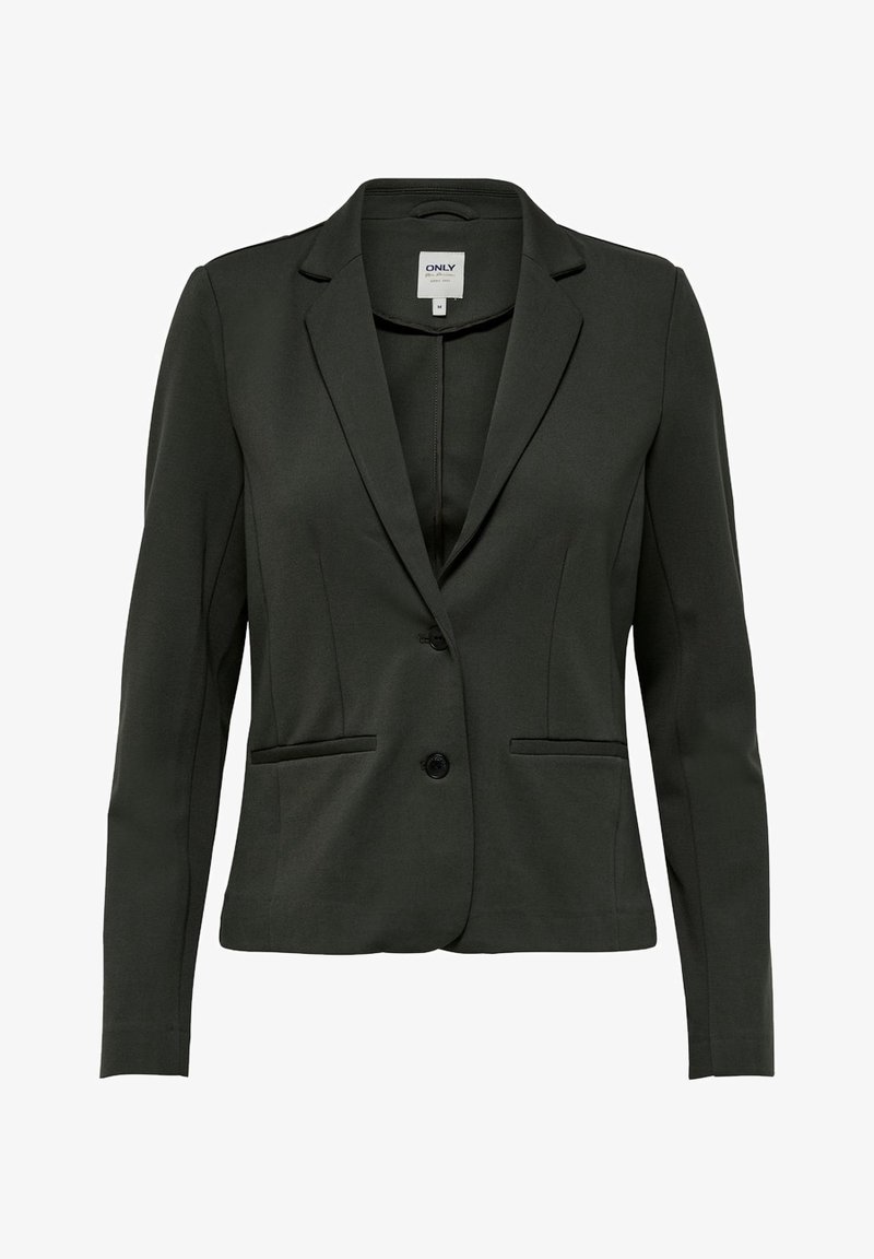 Blazer vert foncé cintré avec deux boutons, revers crantés, manches longues et deux poches passepoil devant, taille indiquée medium.