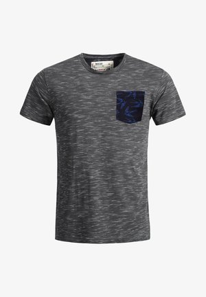 Šedé tričko s krátkym rukávom a textúrovaným, škvrnitým dizajnom. Vlastnosti: námornícky vrecko s modrým motívom vtáčika. Štandardný okrúhly výstrih.