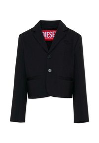 Blazer noir court au design formel, avec un col à revers cranté, deux boutons et deux poches avant. Logo visible sur le revers.