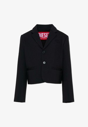 Zwarte cropped blazer met een formeel ontwerp, voorzien van een soort kraag, twee knopen en twee voorzakken. Logo zichtbaar op het revers.