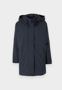 Parka bleu marine rembourrée avec capuche, manches longues, fermeture éclair à l'avant et poches latérales. Tissu lisse sans motifs ni accents visibles.