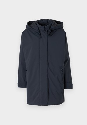 Navy blue, padded parka jacket with a hood, long sleeves, front zip, and side pockets. Smooth fabric with no visible patterns or accents.